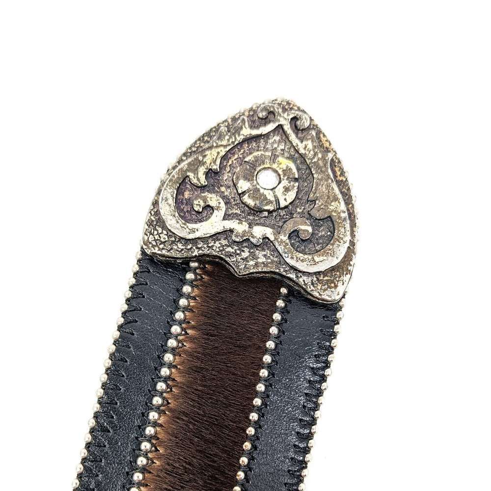 Leather Fur Rhinestone Western Belt Womens Medium Boho Black Brown White - Picture 4 of 7